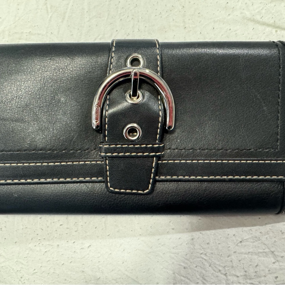 Coach Trifold Black Leather Wallet with Silver Buckle